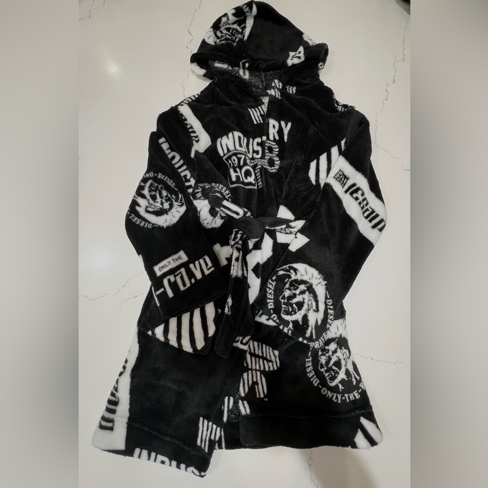 Kids Diesel Black and White Hooded Robe